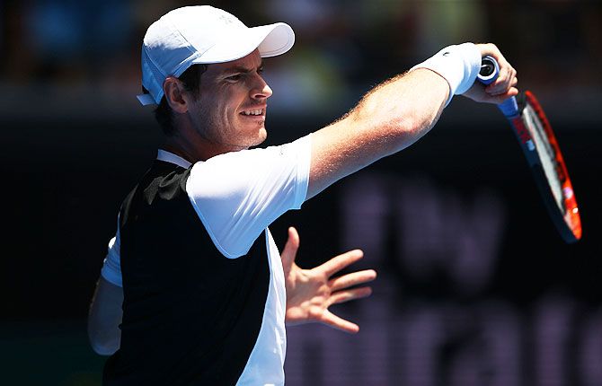 Great Britain's Andy Murray plays a forehand his first round match against Germany's Alexander Zverev at the 2016 Australian Open at Melbourne Park on Tuesday