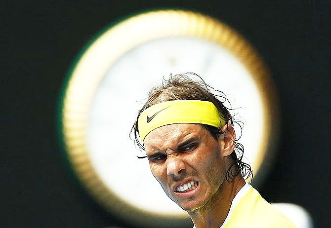 Spain's Rafael Nadal reacts during his first round match against Spain's Fernando Verdasco at the Australian Open at Melbourne Park on Tuesday