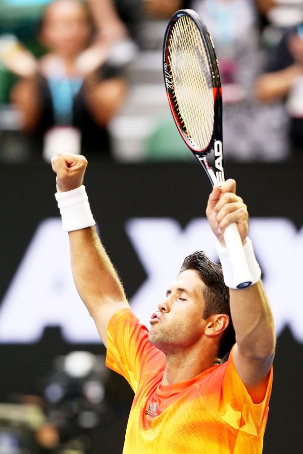 Fernando Verdasco celebrates after winning his first round match against Rafael Nadal on Tuesday