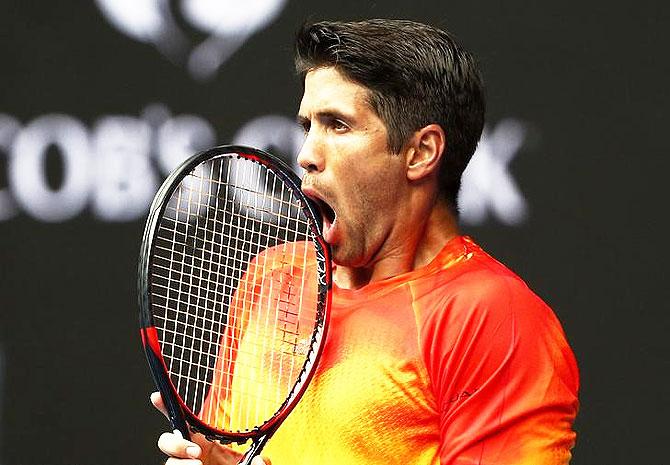 Spain's Fernando Verdasco reacts after missing a shot