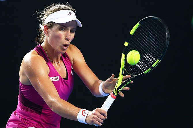 Great Britain's Johanna Konta plays a backhand in her third round match against Czech Denisa Allertova at the 2016 Australian Open at Melbourne Park on Saturday