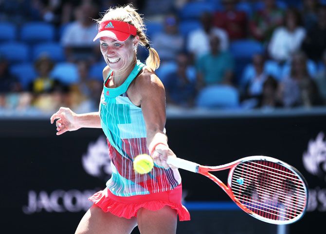 Germany's Angelique Kerber plays a forehand in her third round match against USA's Madison Brengle