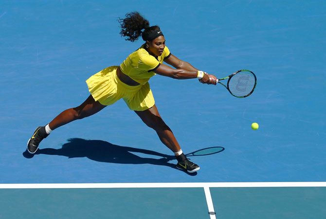 USA's Serena Williams plays a backhand in her fourth round match against Russia's Margarita Gaspatryan at the 2016 Australian Open at Melbourne Park on Sunday