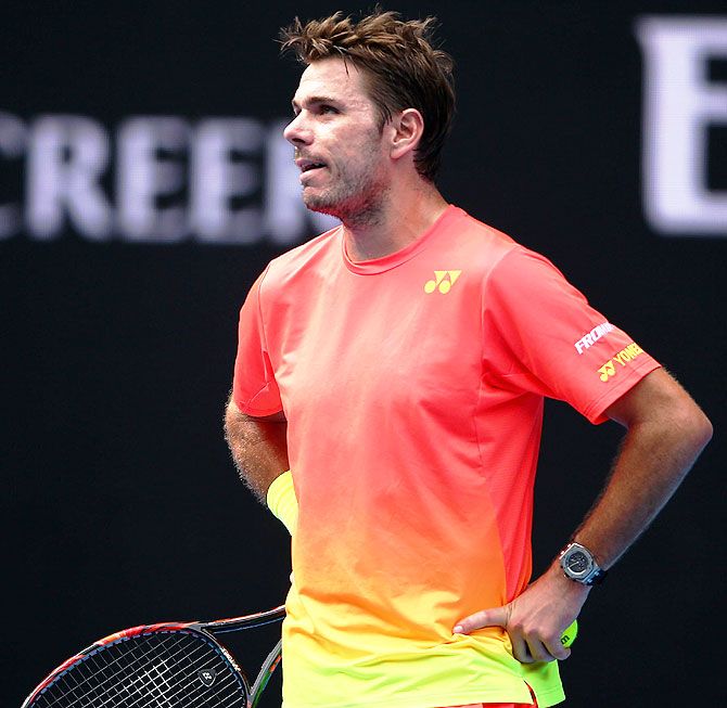 Switzerland's Stan Wawrinka reacts after losing a point during his fourth round match at the Australian Open on Monday