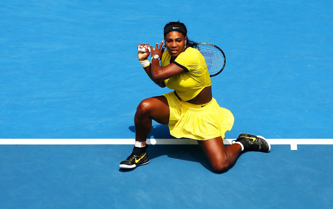 USA's Serena Williams plays a backhand in her quarter-final match against Russia's Maria Sharapova