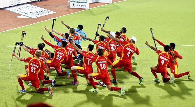 Players of Ranchi Rays celebrate their victory against Delhi Waveriders during their HIL match at astroturf stadium in Ranchi on Tuesday