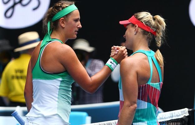 Victoria Azarenka of Belarus congratulates Angelique Kerber 