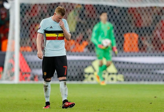 Belgium's Kevin De Bruyne cuts a sorry figure after losing the Euro quarter-final to Wales on Friday