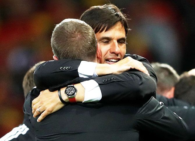 Wales head coach Chris Coleman celebrates at full time 