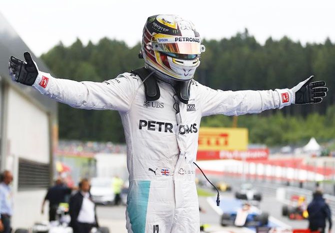 Mercedes Formula One driver Lewis Hamilton celebrates after winning the Austria F1 GP in Spielberg on Sunday