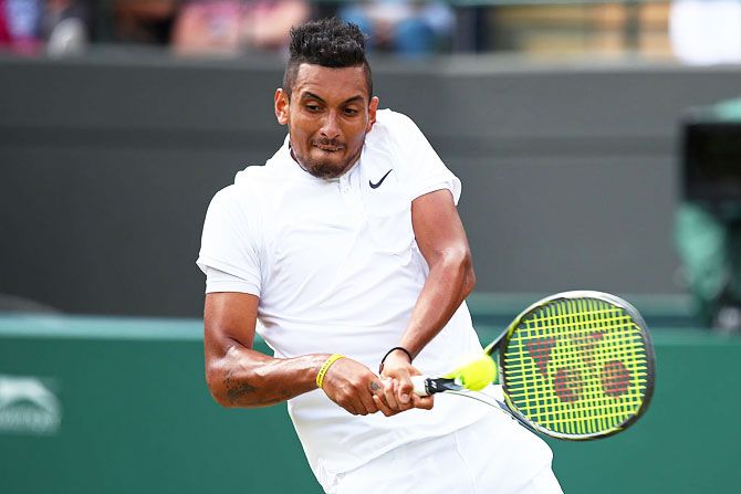 Australia's Nick Kyrgios plays a backhand during his third round match against Spain's Feliciano Lopez on Middle Sunday