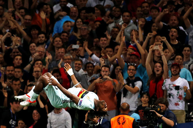 Belgium's Michy Batshuayi celebrates after scoring the team's second goal against Hungary during their round of 16 match at the Stadium de Toulouse, Toulouse, on June 26