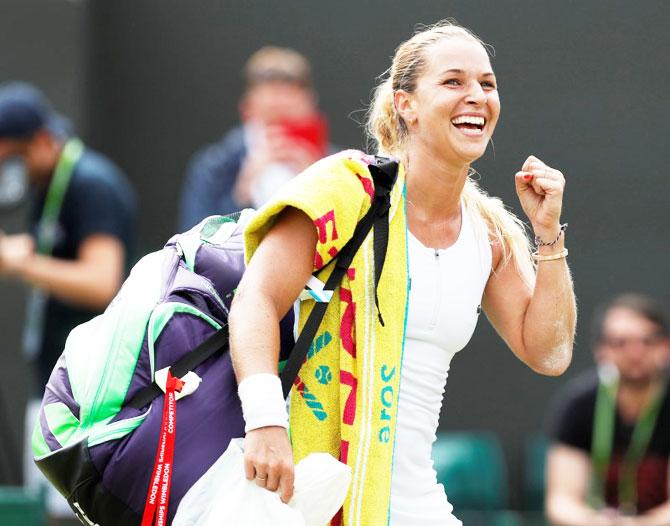 Slovakia's Dominika Cibulkova celebrates winning her match against Poland's Agnieszka Radwanska on Monday