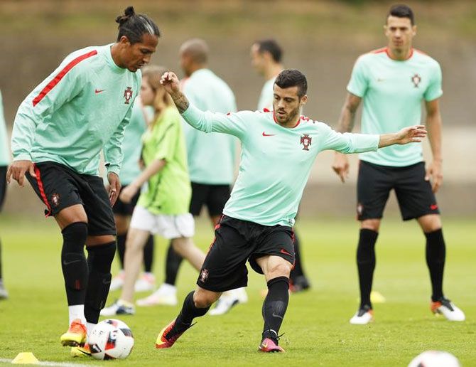 Portugal's Bruno Alves and Vieirinha during a training session in Centre National de Rugby, Marcoussis, France on Tuesday