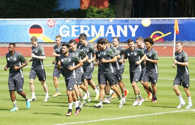 Germany's players during training session in Stade Camille Fournier, Evian-Les-Bains, in France on Tuesday