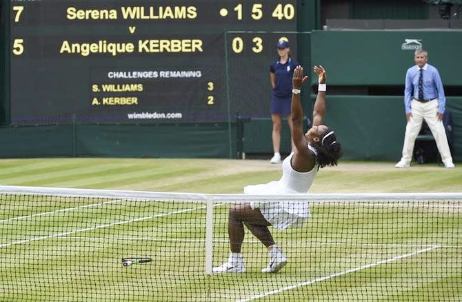 Serena Williams celebrates winning her Wimbledon women's singles final against Germany's Angelique Kerber on Saturday 