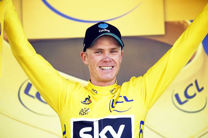 Team Sky rider Chris Froome, new yellow jersey leader, reacts on the podium after winning the 184-km (114,5 miles) Stage 8 from Pau to Bagneres-de-Luchon, France, during the Tour de France on Saturday