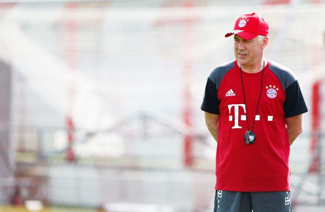  Bayern Munich's new coach Carlo Ancelotti attends first team training at Allianz Arena in Munich on Monday