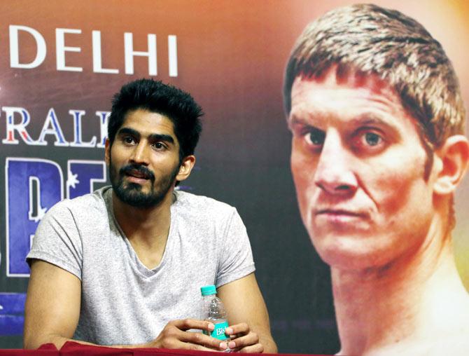 Vijender during an interaction with students in Mumbai on Wednesday