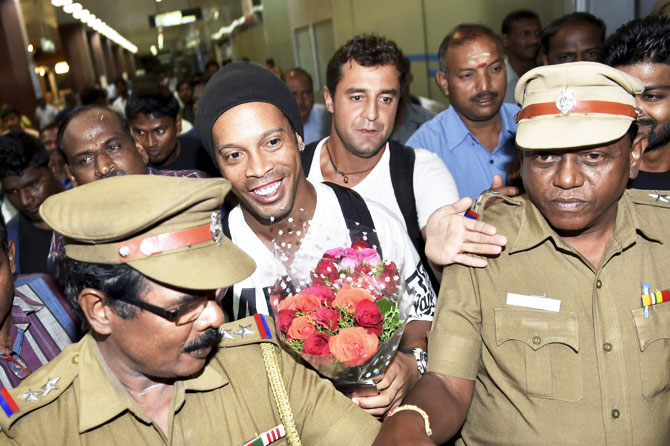 Brazil football legend Ronaldinho arrives at Chennai Airport to participate in the Premier Futsal League 2016 in Chennai on Wednesday