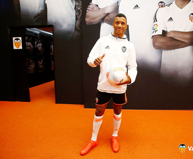 Valencia's new signing Nani after being unveiled by the club on Friday
