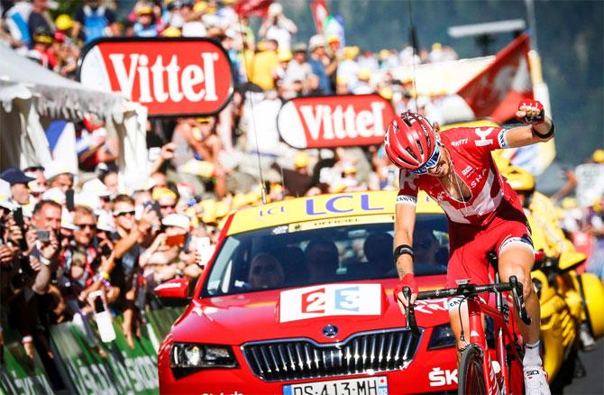 Russian Ilnur Zakarin celebrates on winning stage 17