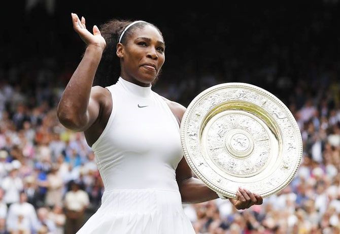 USA's Serena Williams celebrates her 2016 Wimbledon women's singles final win against Germany's Angelique Kerber on Saturday