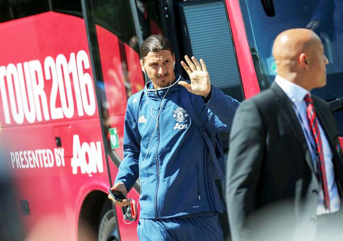 Manchester United's striker Zlatan Ibrahimovic exits the team's bus in front of a hotel in Goteborg, Sweden, on Saturday