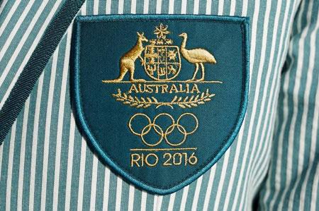 The official Australian Olympic 2016 team crest is pictured on a blazer jacket of an athlete going to the 2016 Olympics in Rio at an official unveiling ceremony at Sydney's Bondi Beach, March 30, 2016