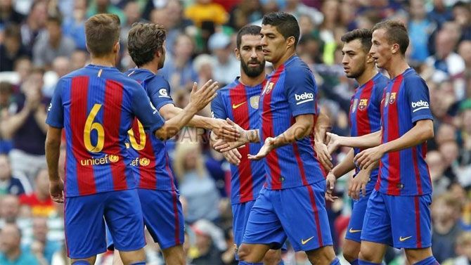 FC Barcelona's Luis Suarez celebrates a goal against Celtic during their friendly on Saturday