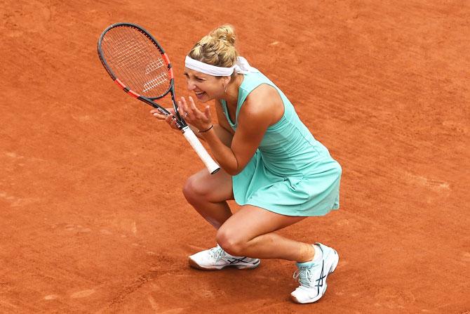 Switzerland's Timea Bacsinszky celebrates her victory Venus Williams