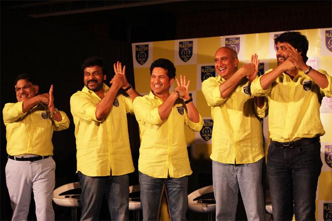  Film producer Allu Aravind, actor Chiranjeevi, cricket legend Sachin Tendulkar, industrialist Nimmagadda Prasad and actor Nagarjuna at the announcement of the new development in Thiruvananthapuram on Wednesday