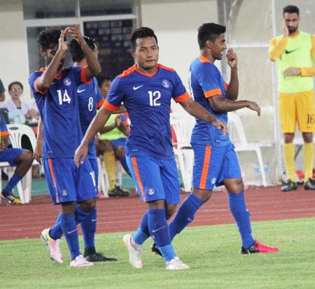 India's Jeje Lalpekhlua celebrates with teammates after scoring against Laos on Wednesday