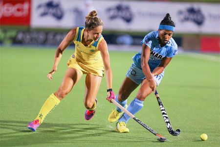 Action from the hockey match played between India and Australia at the Four Nations Hockey Tournament in Darwin on Friday