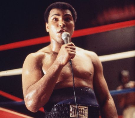 American boxer Muhammad Ali addressing the crowd before his fight with Leon Spinks in New Orleans, in which Ali went on to regain the World Heavyweight title