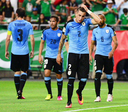 Uruguay's Jose Gimenez reacts on the field during the 2016 Copa America Centenario Group C match against the Mexico at University of Phoenix Stadium in Glendale, Arizona, on Sunday