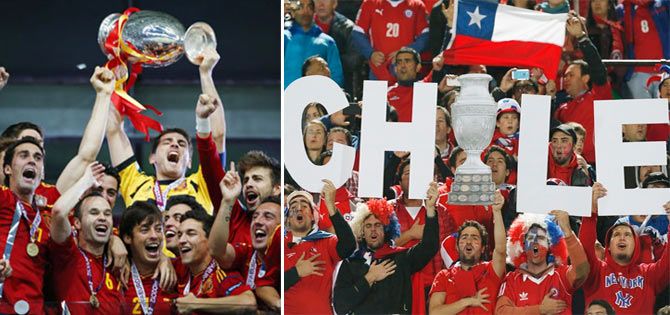 Spain's victorious team lift the Euro Championship trophy in 2012. Chile fans celebrate their team's Copa America triumph in 2015.