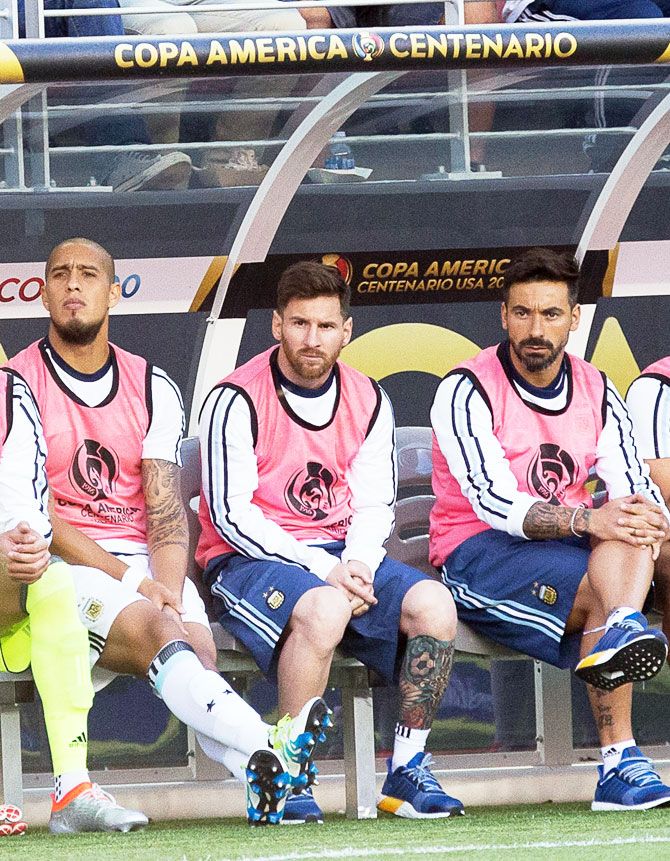 Argentina's superstar Lionel Messi on the bench against Chile during their 2016 Copa America Centenario group match at Levi's Stadium in Santa Clara, California on Monday. Messi was sidelined from the match through a back injury