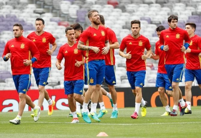 A file photo of the Spain team at a training session