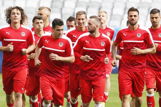 Austria's players attend training at Stade Matmut Atlantique, Bordeaux, France, on Monday