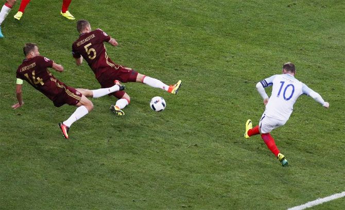 England's Wayne Rooney fails to score against Russia during their Group B match in Marseille on Sunday, June 12