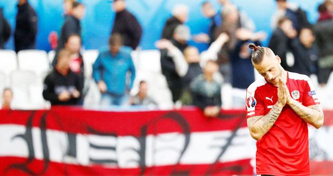 Austria's Marko Arnautovic looks dejected at the end of the match against Hungary on Tuesday