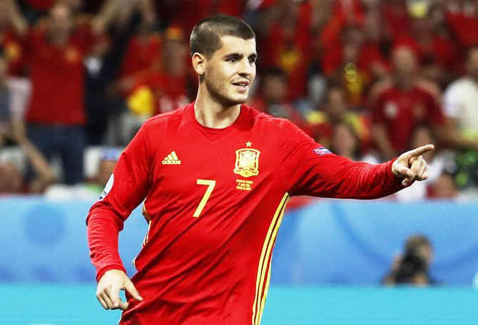 Alvaro Morata celebrates after scoring their third goal against Turkey on Friday