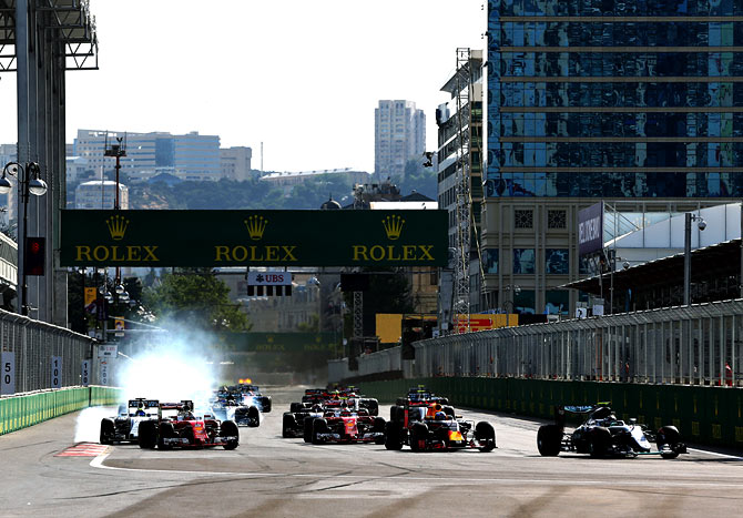 The start of the European Formula One Grand Prix at Baku City Circuit in Baku