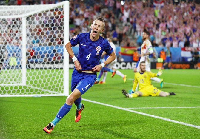 Croatia's Ivan Perisic celebrates scoring his team's winning goal against Spain during the Euro 2016 Group D match at Stade Matmut Atlantique, in Bordeaux, on Tuesday