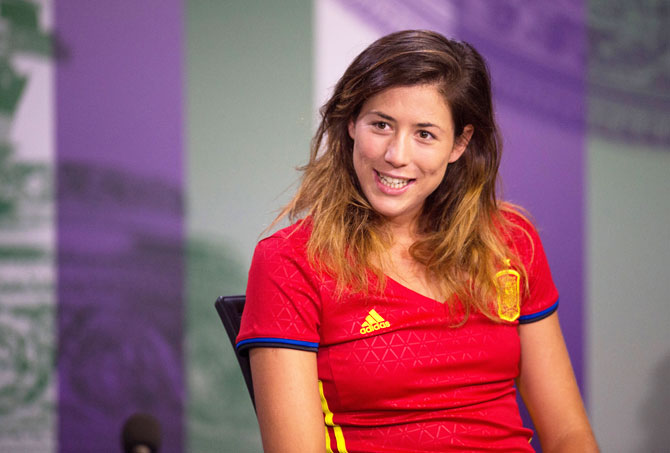 Garbine Muguruza of Spain gives her pre-championships media interview in the main interview room ahead of the Championships 2016 at The All England Lawn Tennis Club on Saturday