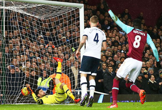 Tottenham Hotspur goalkeeper Hugo Lloris is beaten by West Ham United's Michail Antonio (not pictured) for the opening goal during their Barclays Premier League match at Boleyn Ground in London on Wednesday