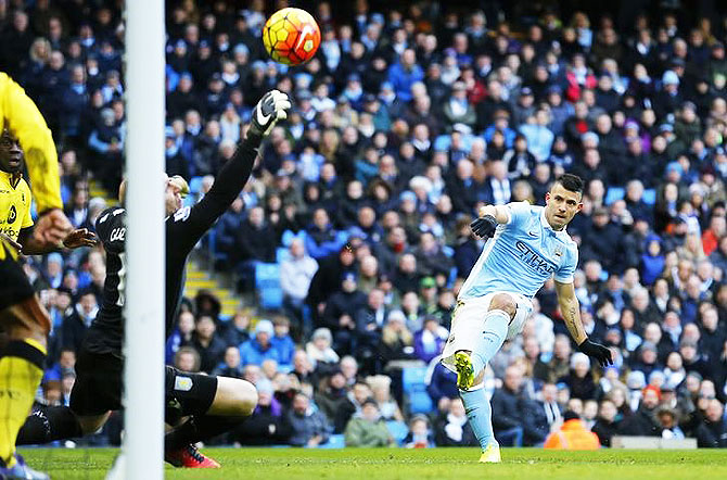 Manchester City's Sergio Aguero shoots at goal during their match against Aston Villa at Etihad Stadium on Saturday