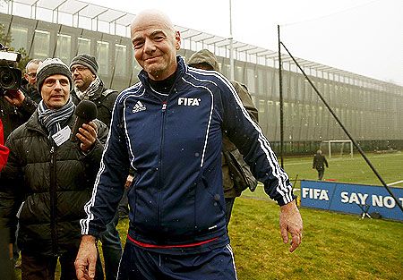 New FIFA President Gianni Infantino leaves the pitch after a friendly football match at FIFA headquarters in Zurich, Switzerland February 29, 2016