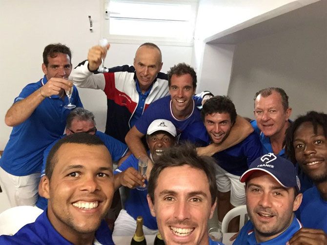 The French Davis Cup team pose for a selfie after their victory over the Czechs on Saturday